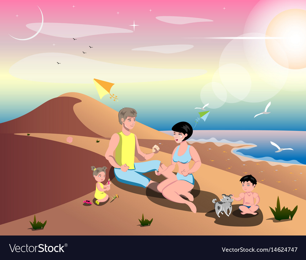 Cute cartoon family on beach