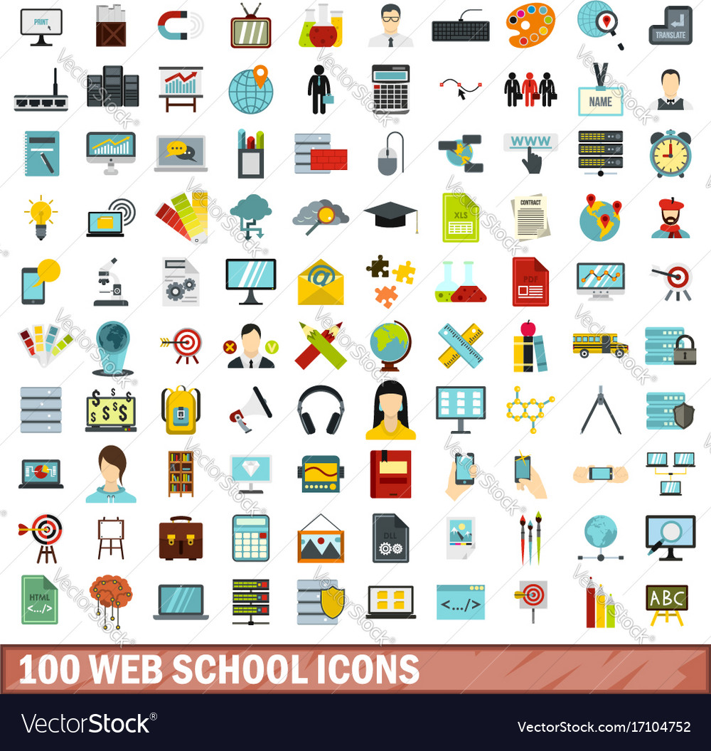 100 web school icons set flat style Royalty Free Vector