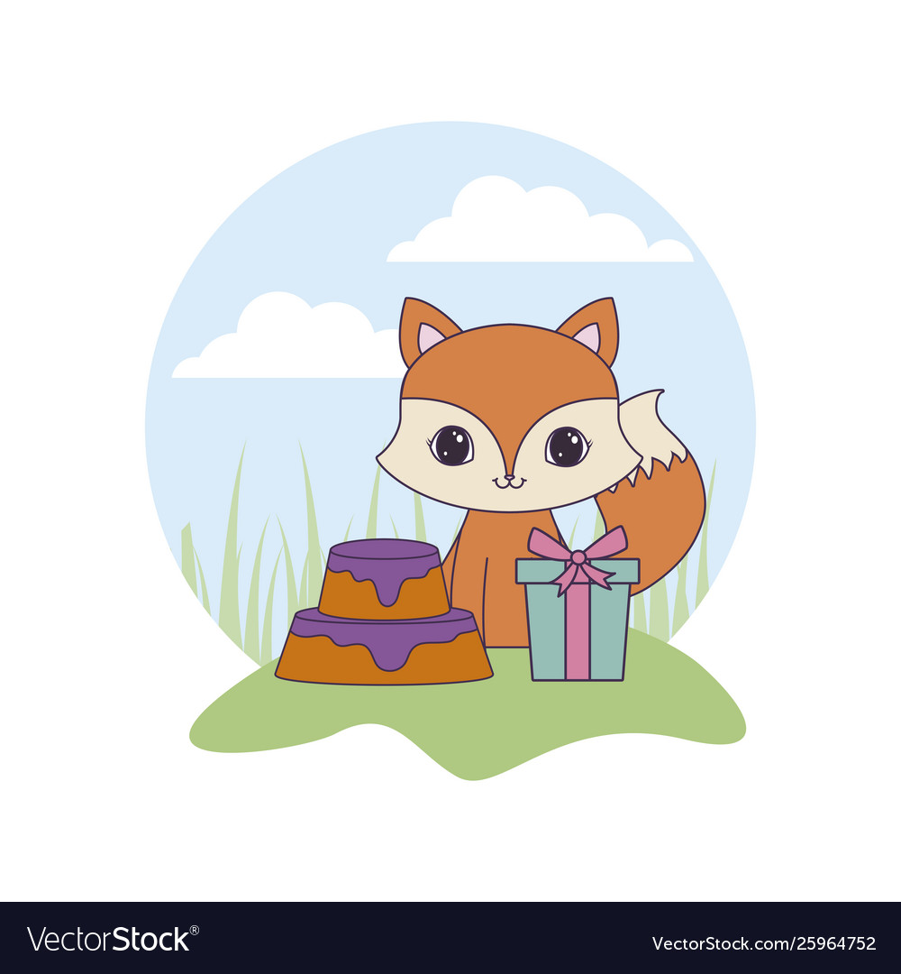Cute fox with cake birthday and gift box