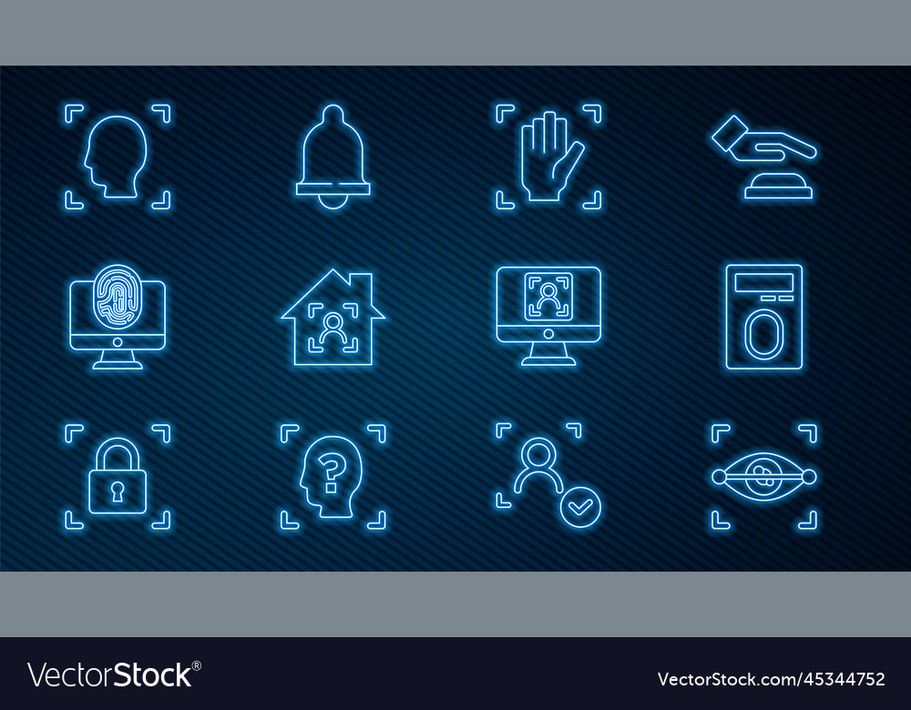 Set line eye scan fingerprint with lock palm vector image Set line eye scan fingerprint with lock palm