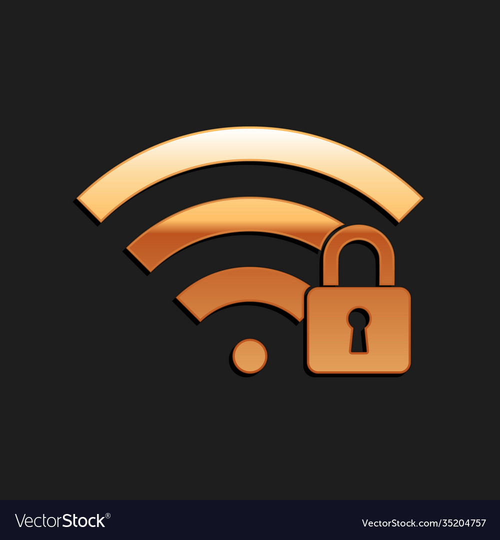 Gold wifi locked icon isolated on black background