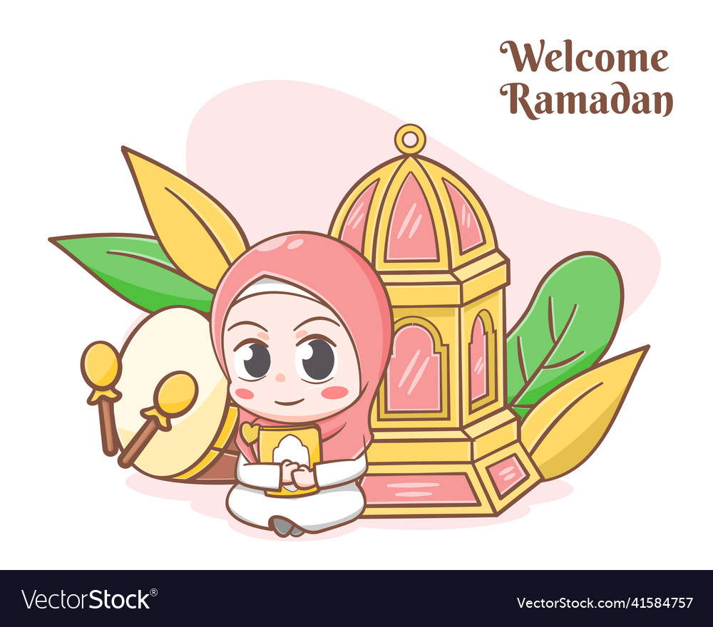 Ramadan greeting card with cute girl cartoon