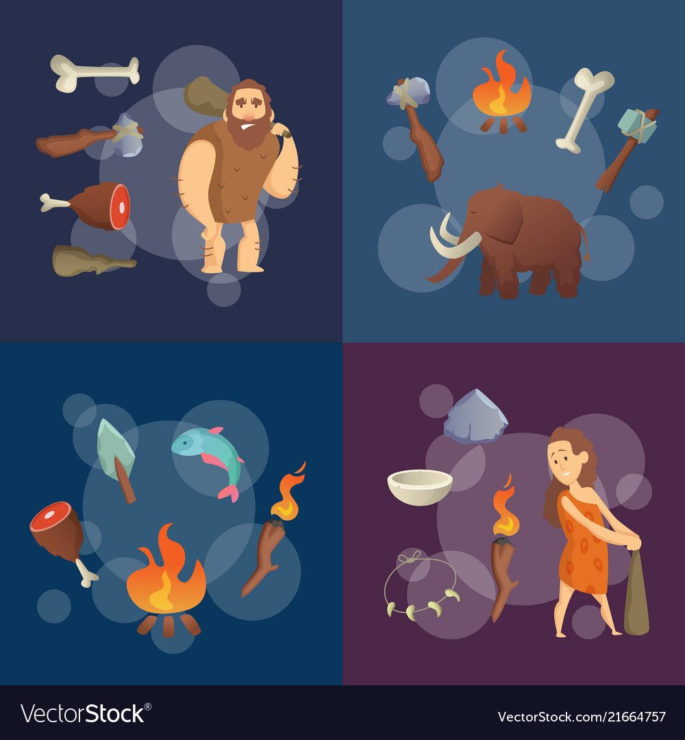 Stone age elements cartoon cavemen Royalty Free Vector Image