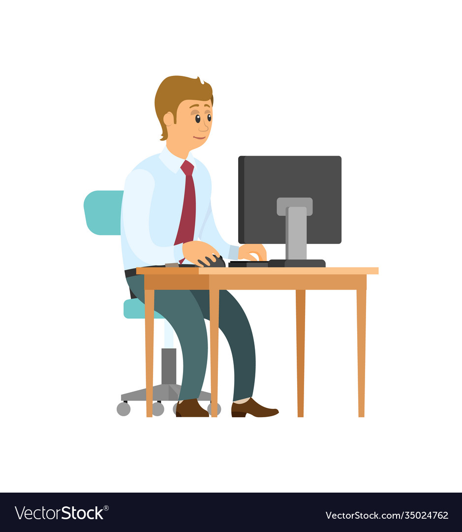 Male office worker typing on computer isolated