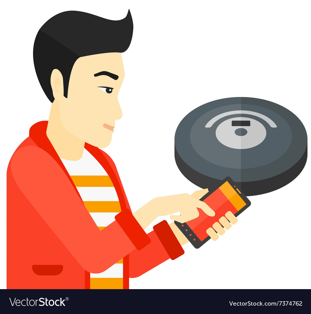 Man with robot vacuum cleaner