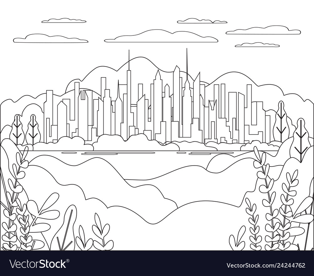 Thin line city landscape flat panorama design