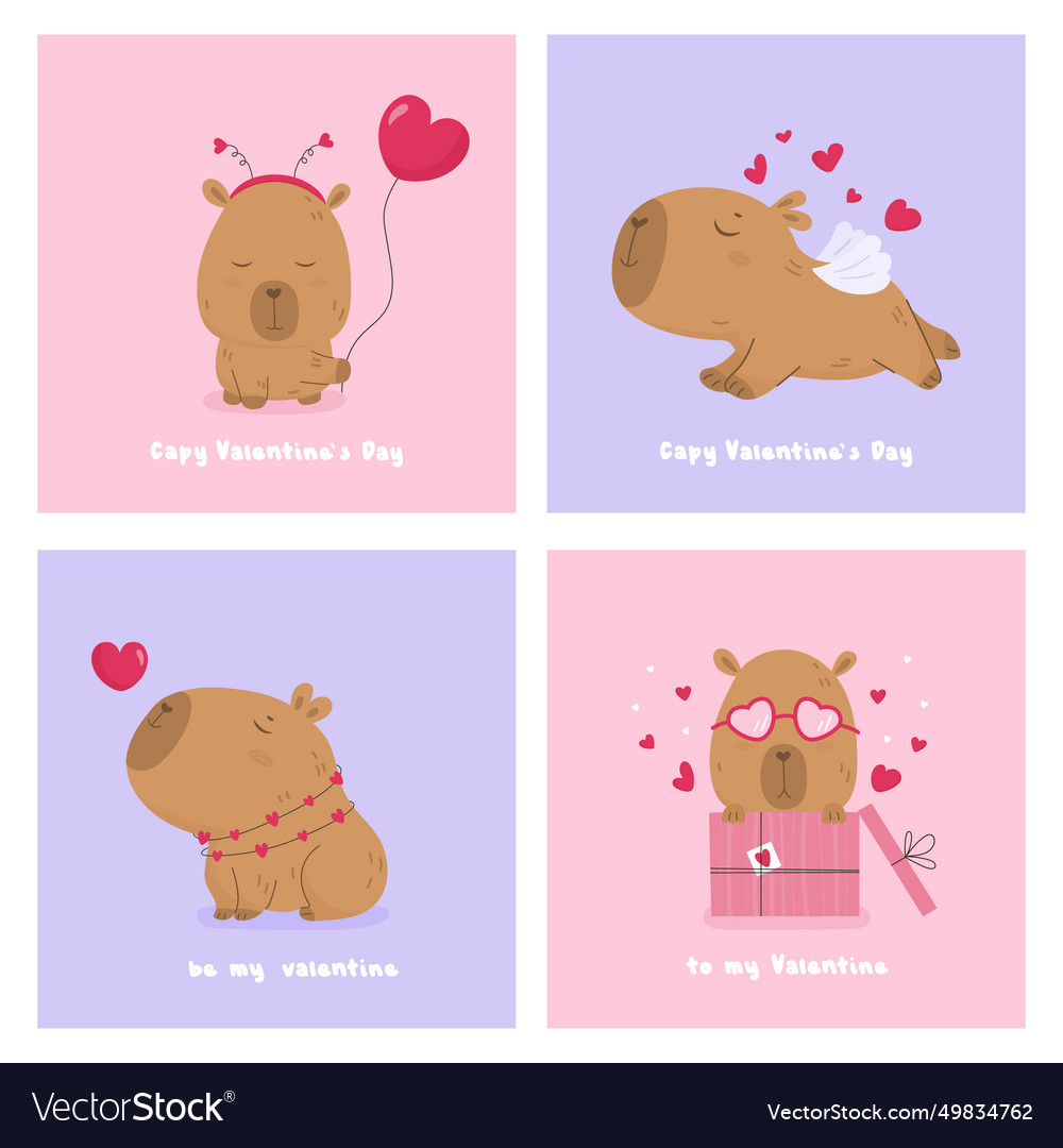 Valentine day card set with cute lovely capybara