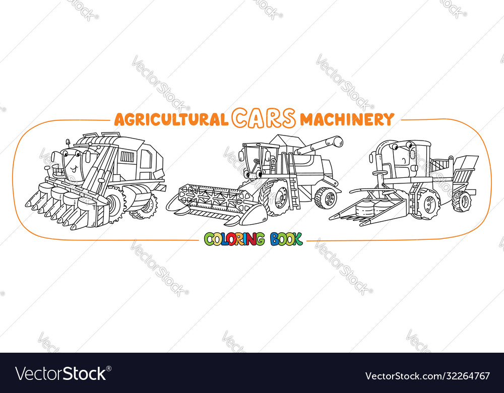 Landwirtschaftliche Maschinen Färbung Buch lustige Auto-Set vector image Landwirtschaftliche Maschinen Färbung Buch lustige Auto-Set