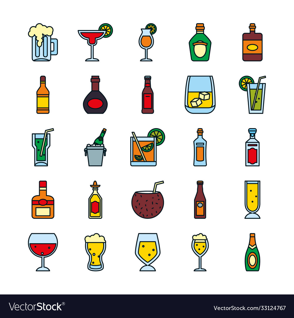 Tropical cocktails and liquor bottles icon set