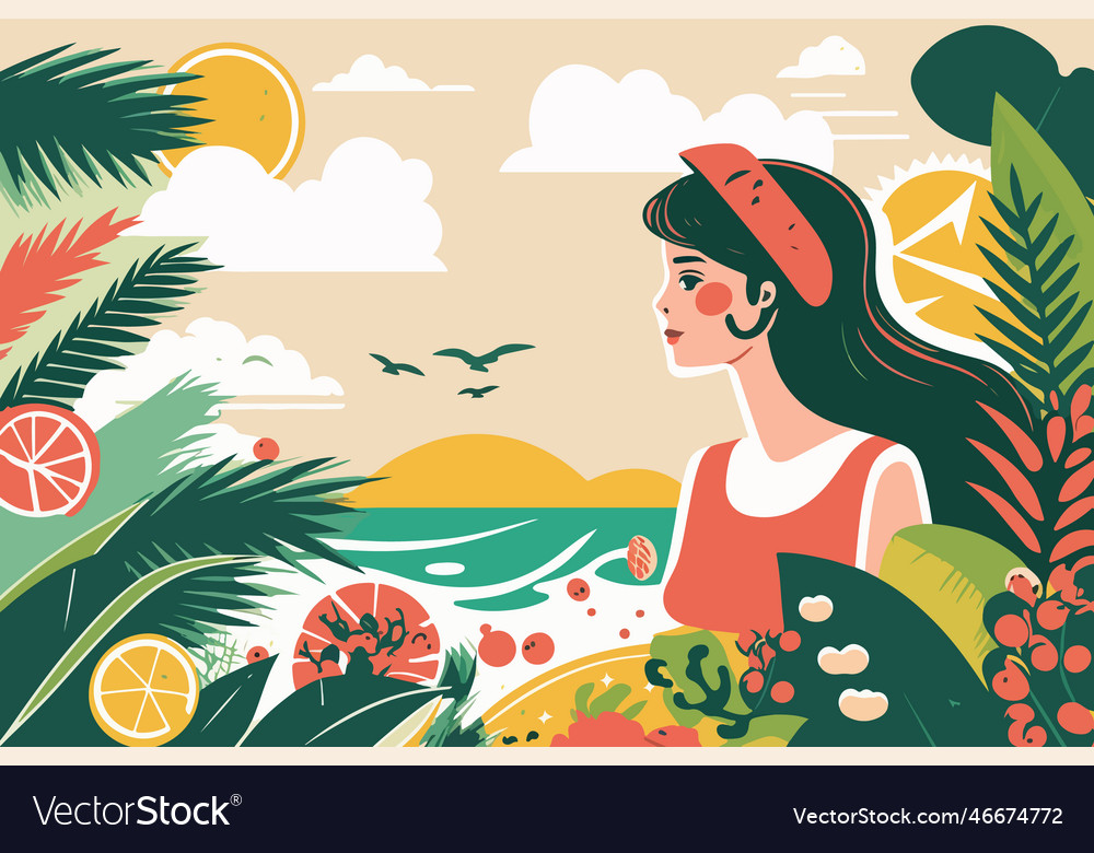 A girl in tropical plant occultation looks out Vector Image