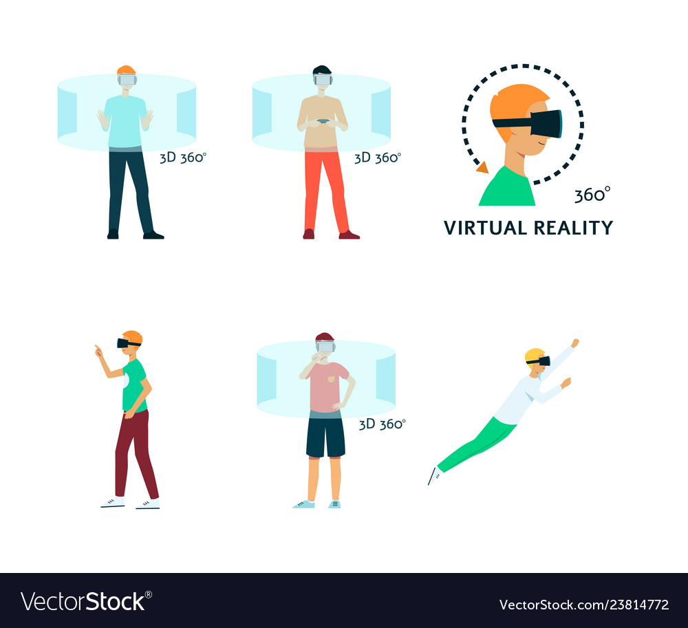 Flat young man in virtual reality headset