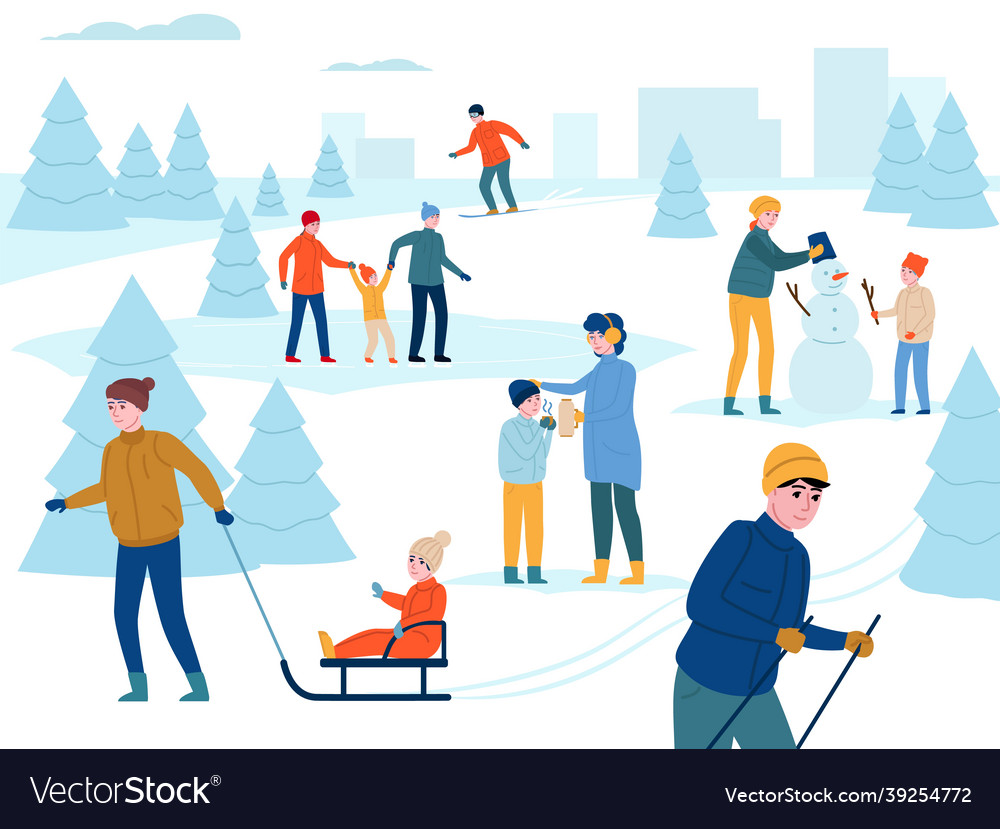 Winter outdoor activity happy parents vector image Winter outdoor activity happy parents
