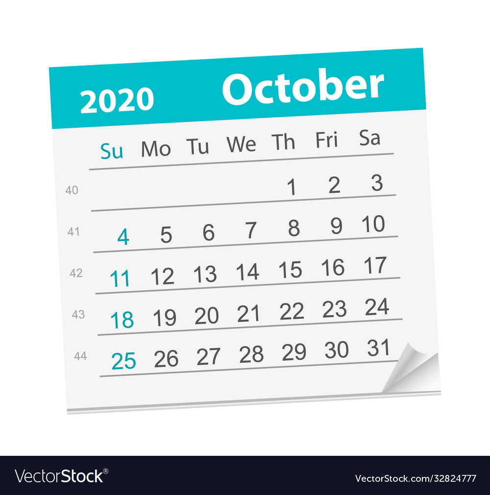 Calendar sheet for month october 2020 Royalty Free Vector