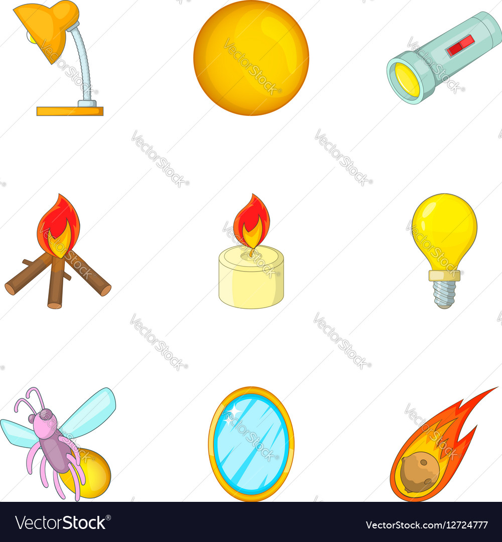 Glowing objects icons set cartoon style Royalty Free Vector