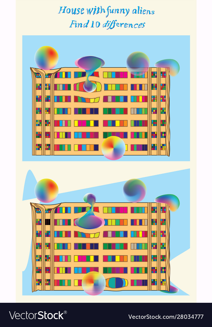 Logical task find 10 differences house with funny vector image Logical task find 10 differences house with funny