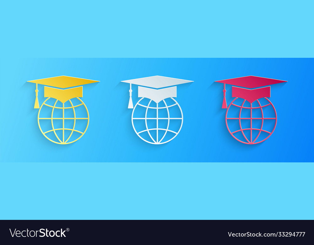 Paper cut graduation cap on globe icon isolated