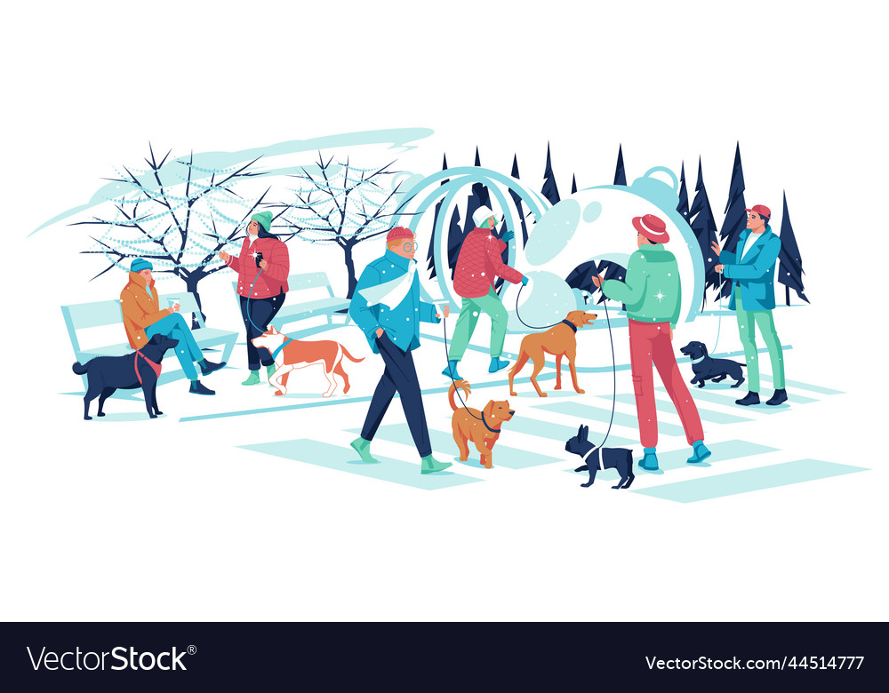 People walk with dogs in the winter city flat