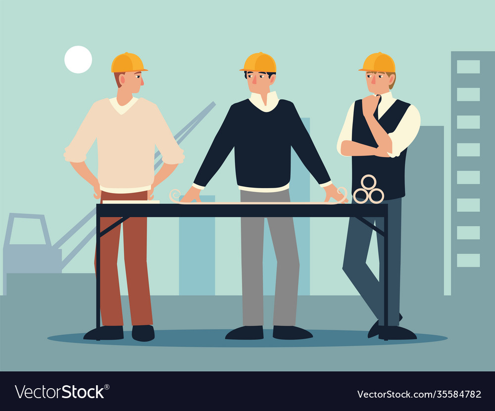 Builders and architects with blueprint on table Vector Image