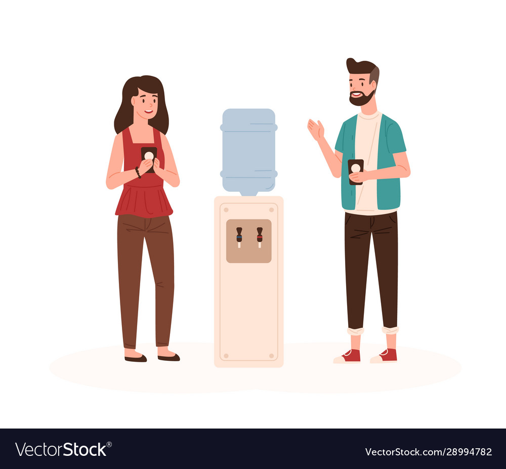 Office workers chatting near water cooler flat Vector Image