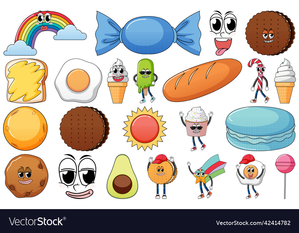 Set Of Facial Expression With Vintage Style Food Vector Image