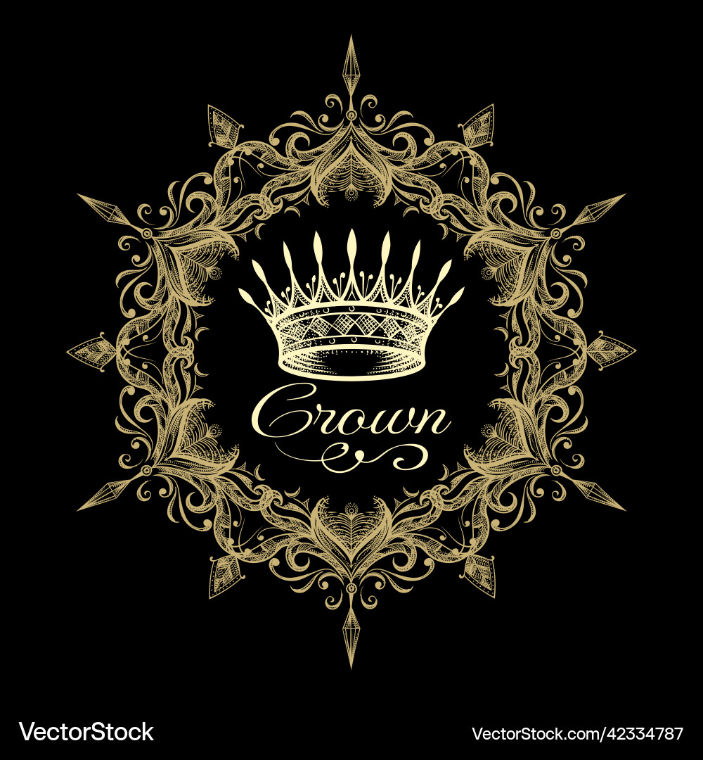 Crown in ornate frame isolated on black Royalty Free Vector