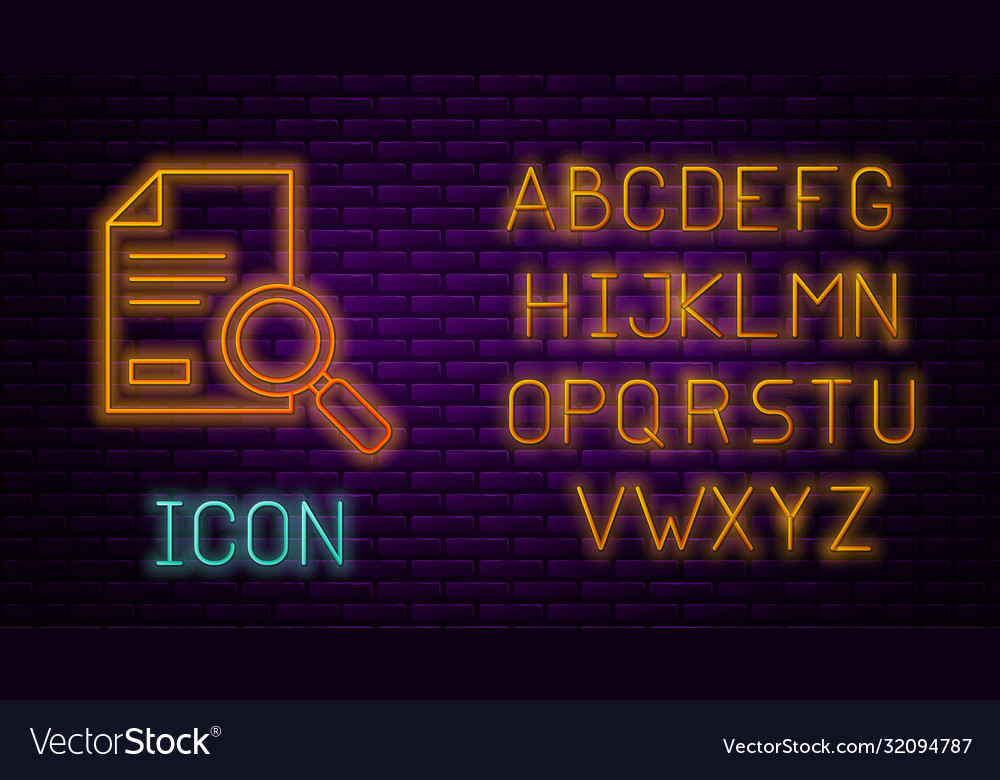 Glowing neon line document with search icon