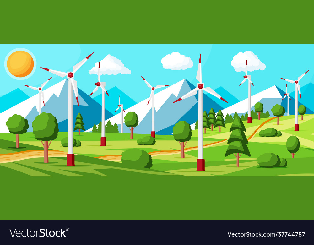 Wind farm in green fields among trees