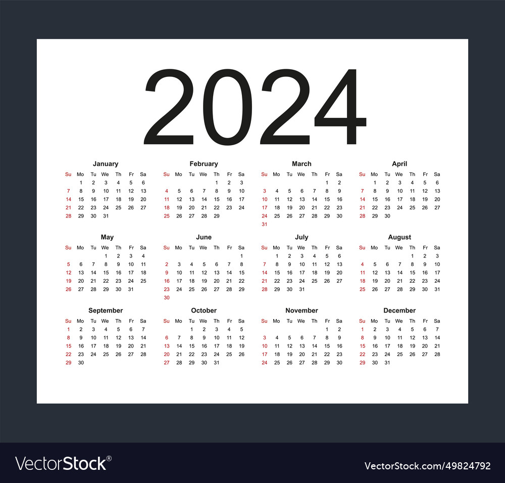 Calendar template for 2024 year week starts from