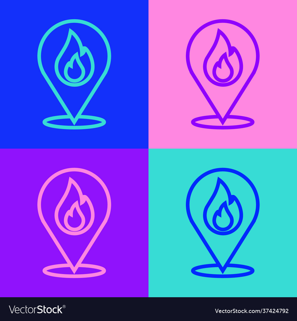 Pop art line map pointer with fire flame icon vector image Pop art line map pointer with fire flame icon
