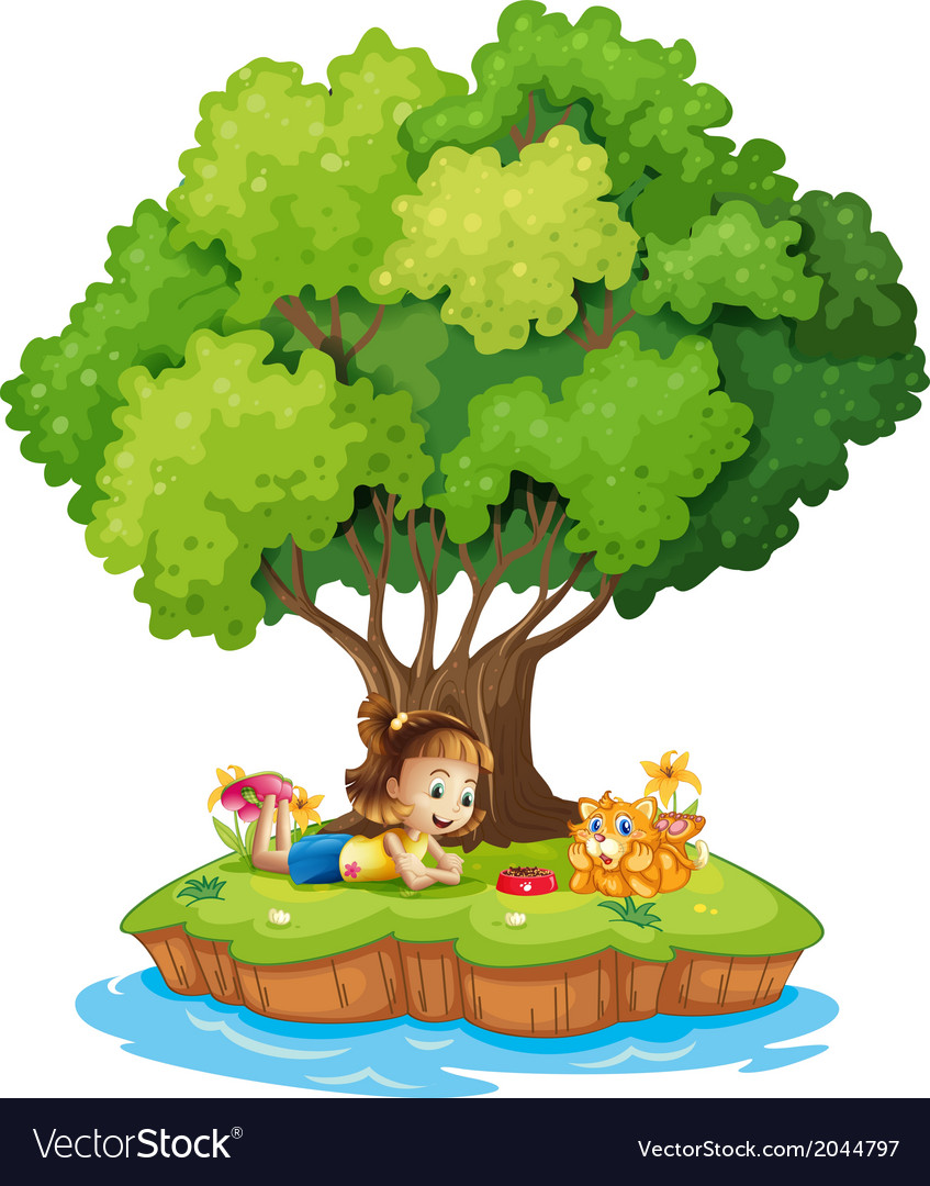 An Island With A Girl And A Cat Royalty Free Vector Image