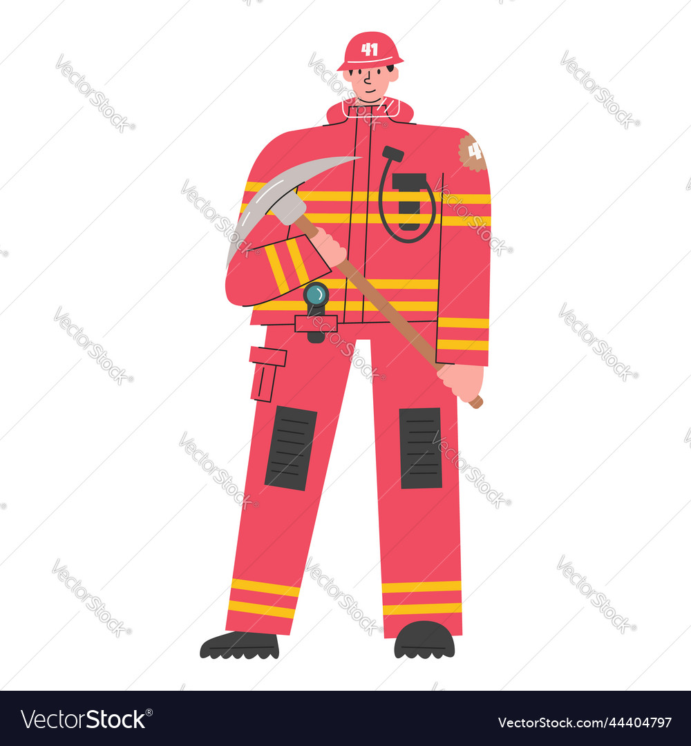 Firefighter character in red uniform holding