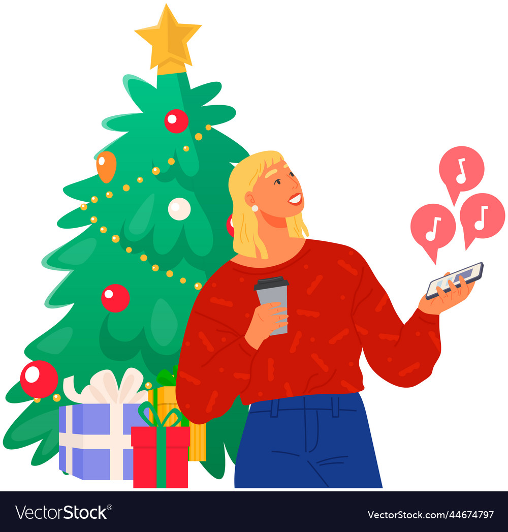 Girl listens to new year song on smartphone woman vector image Girl listens to new year song on smartphone woman