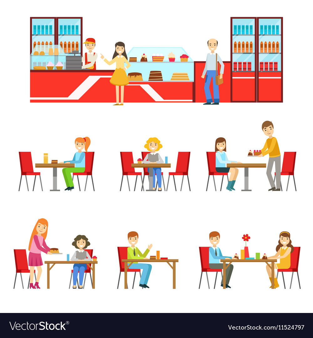 People in sweet pastry cafe set Royalty Free Vector Image