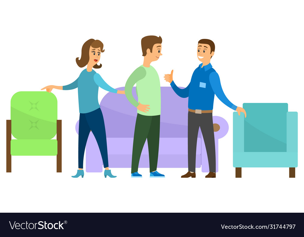 People stand near furniture sofa and armchairs