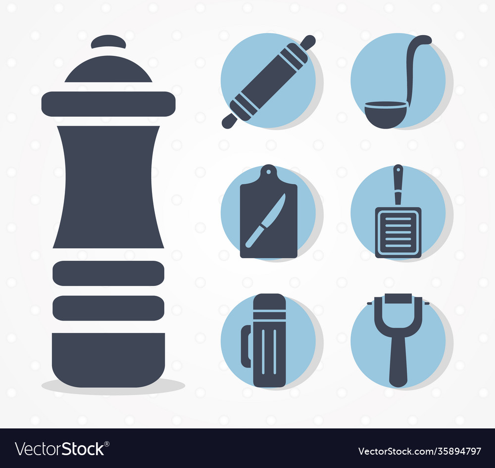 Pepper grinder and kitchen elements icon set