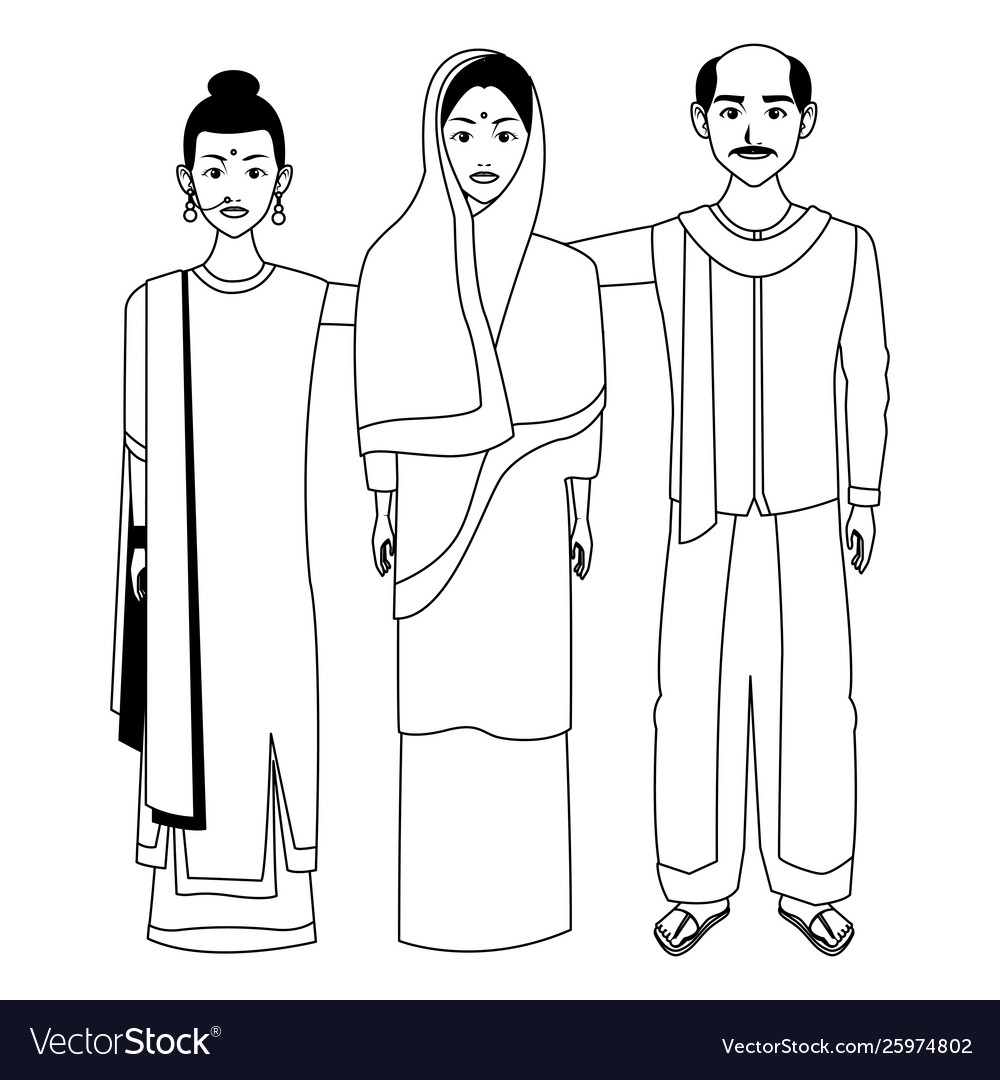 Group indian people avatar in black and white Vector Image