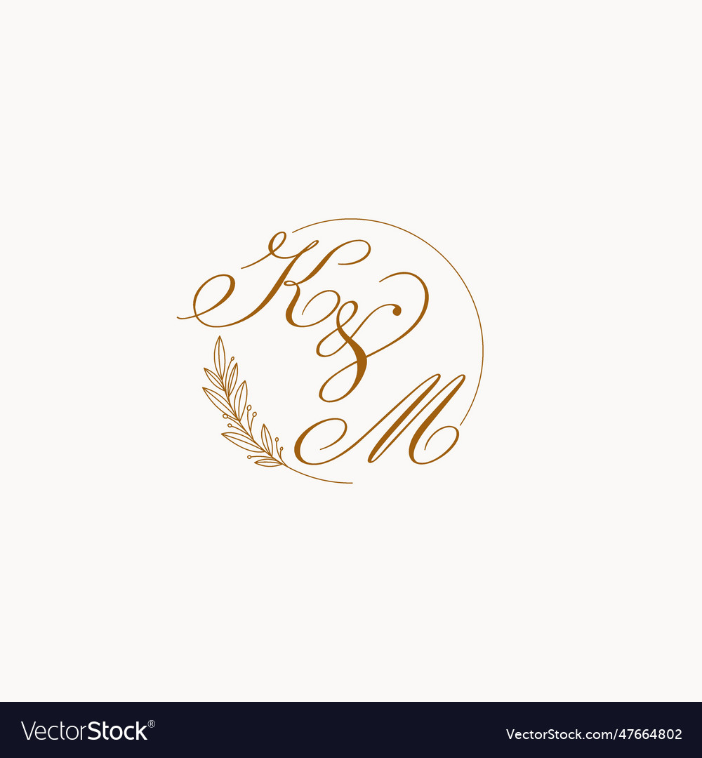Initials km wedding monogram logo with leaves
