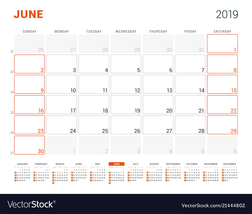 june 2019 calendar planner for 2019 year design vector image june calendar 2019