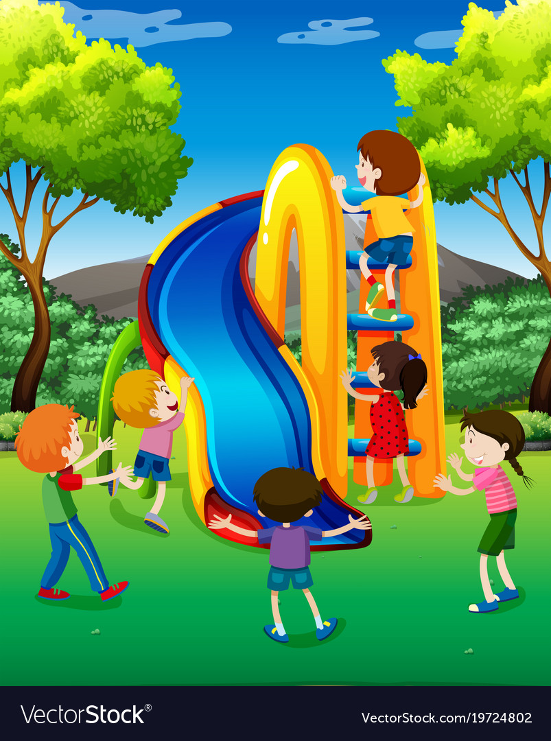 Many kids playing slide in park Royalty Free Vector Image