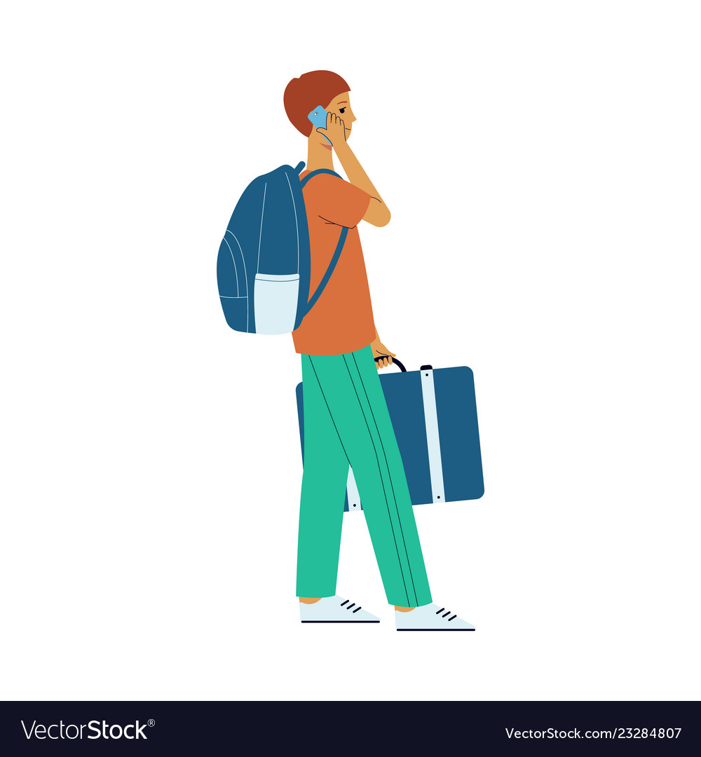 Flat man tourist with travel bag suitcase