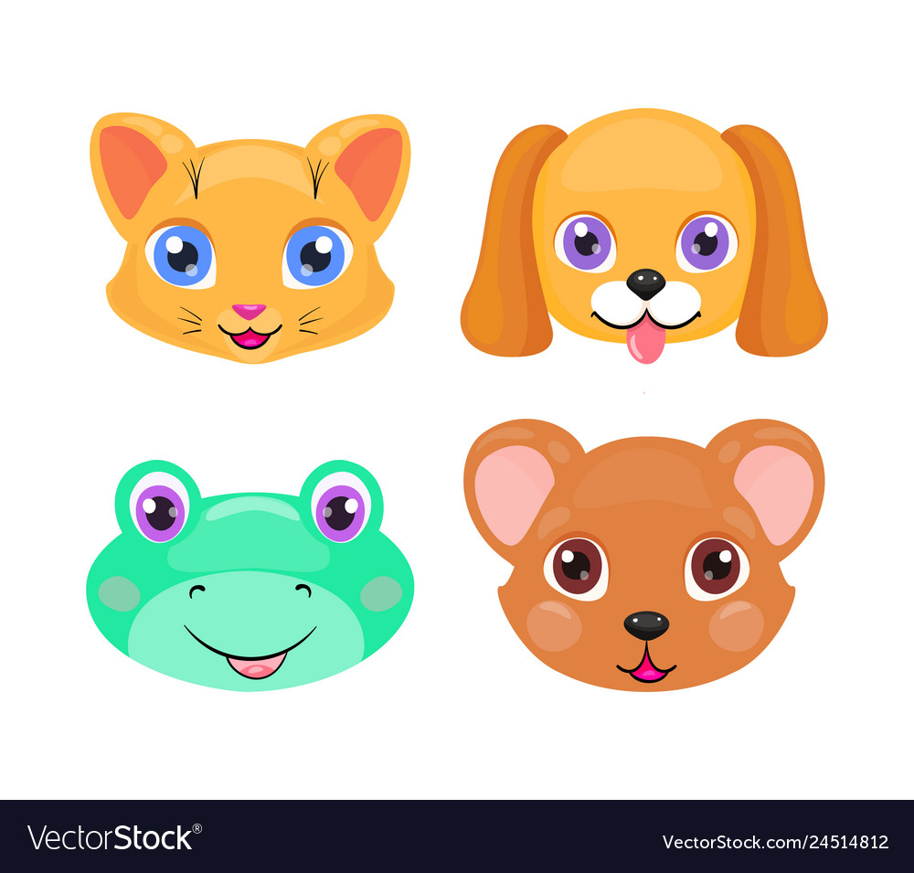 Cute cat dog frog and bear face or mask set