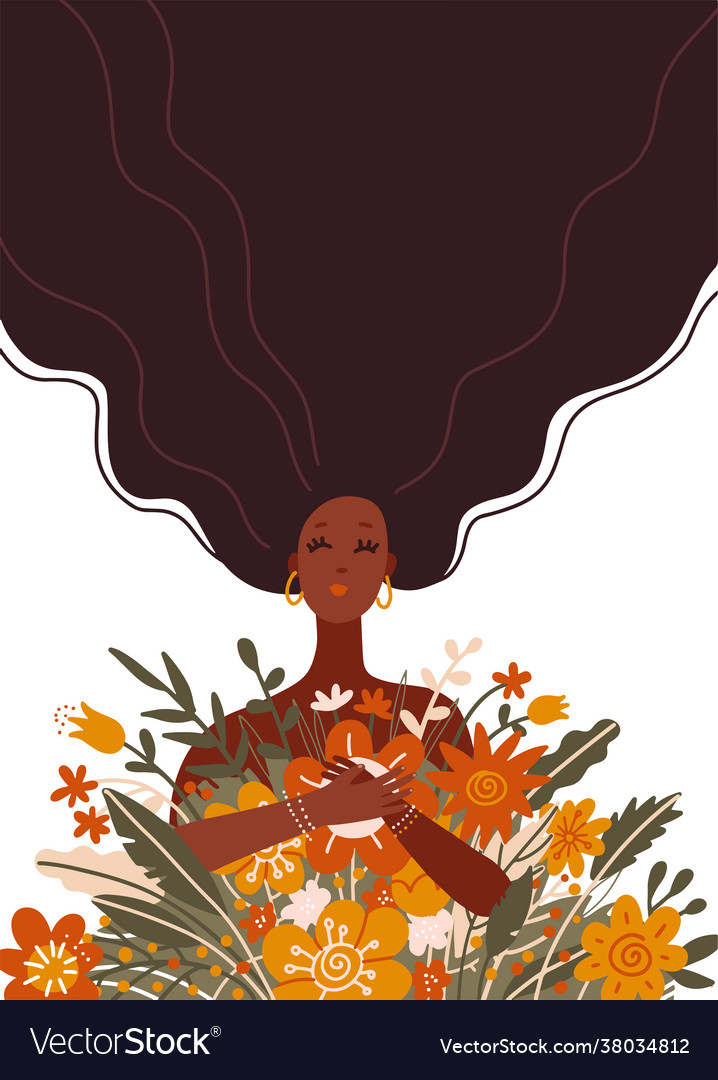 Cute long hair black girl holding a bouquet vector image Cute long hair black girl holding a bouquet