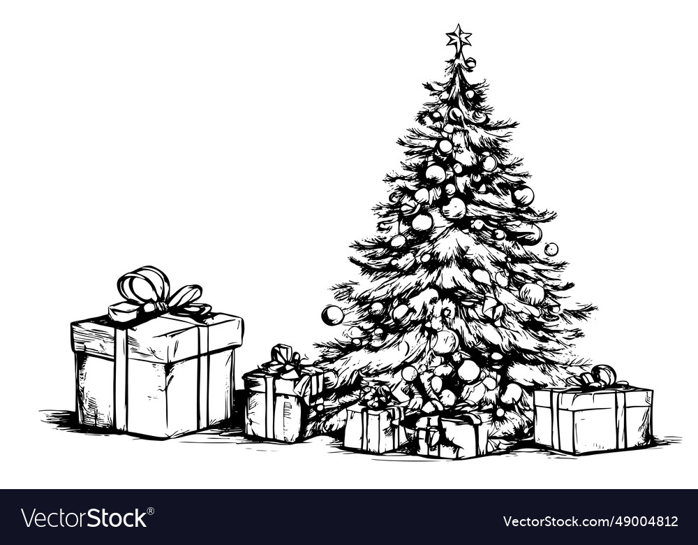 Hand drawn christmas tree and gift boxes