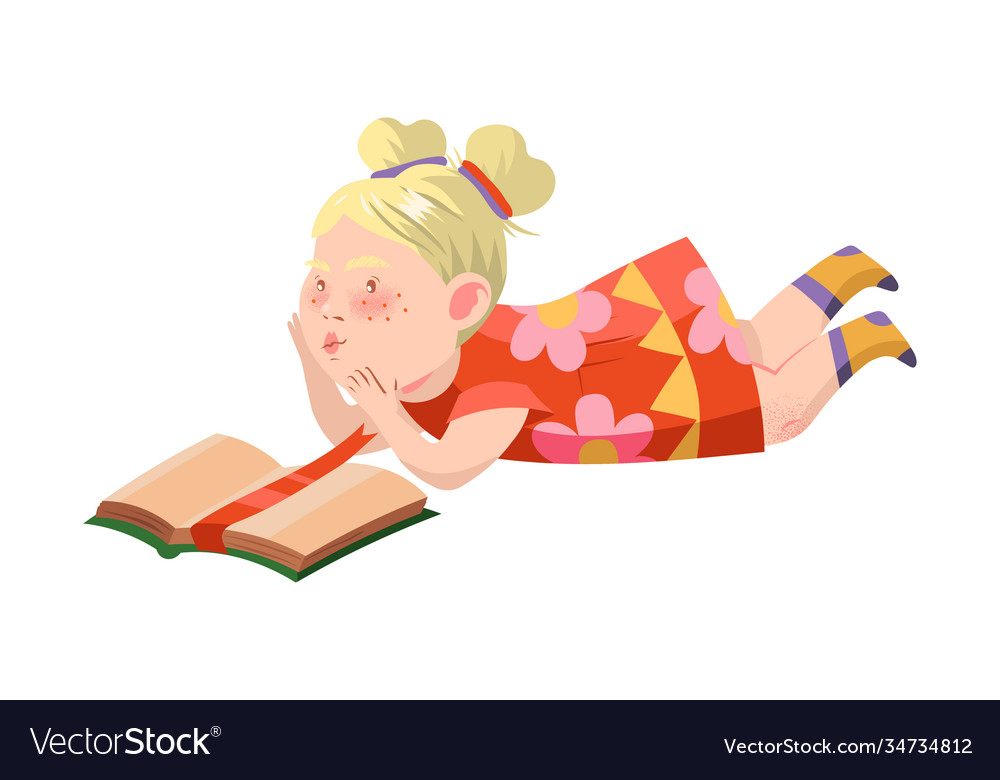 Interested girl character lying with open book