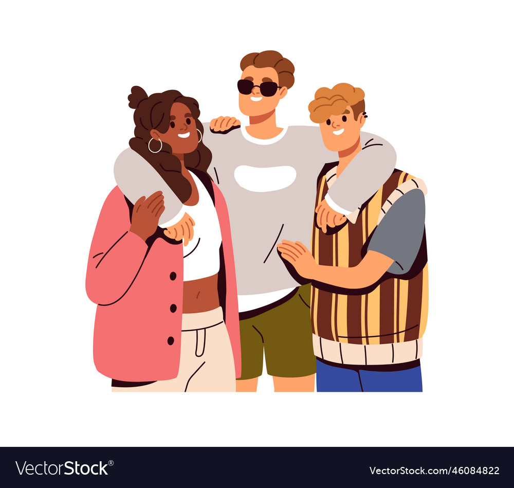 Happy young best friends hugging standing Vector Image