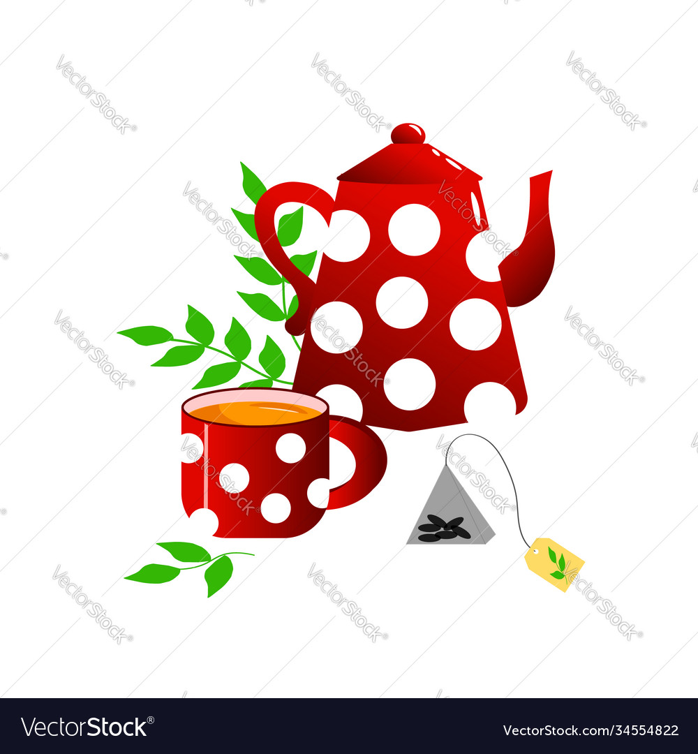 Red teapot and a cup with polka dots Royalty Free Vector