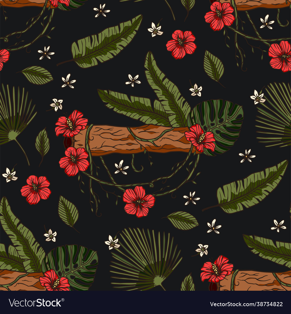 Red tropical hibiscus flower seamless pattern