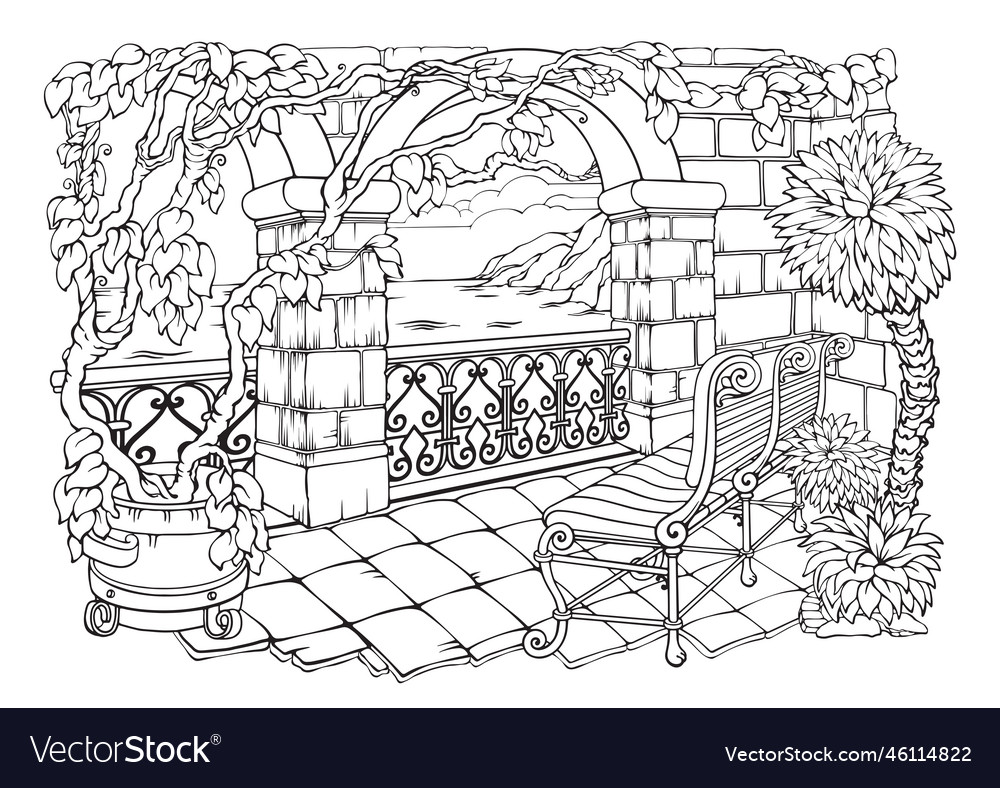 Romantic garden coloring pages arches bench Vector Image