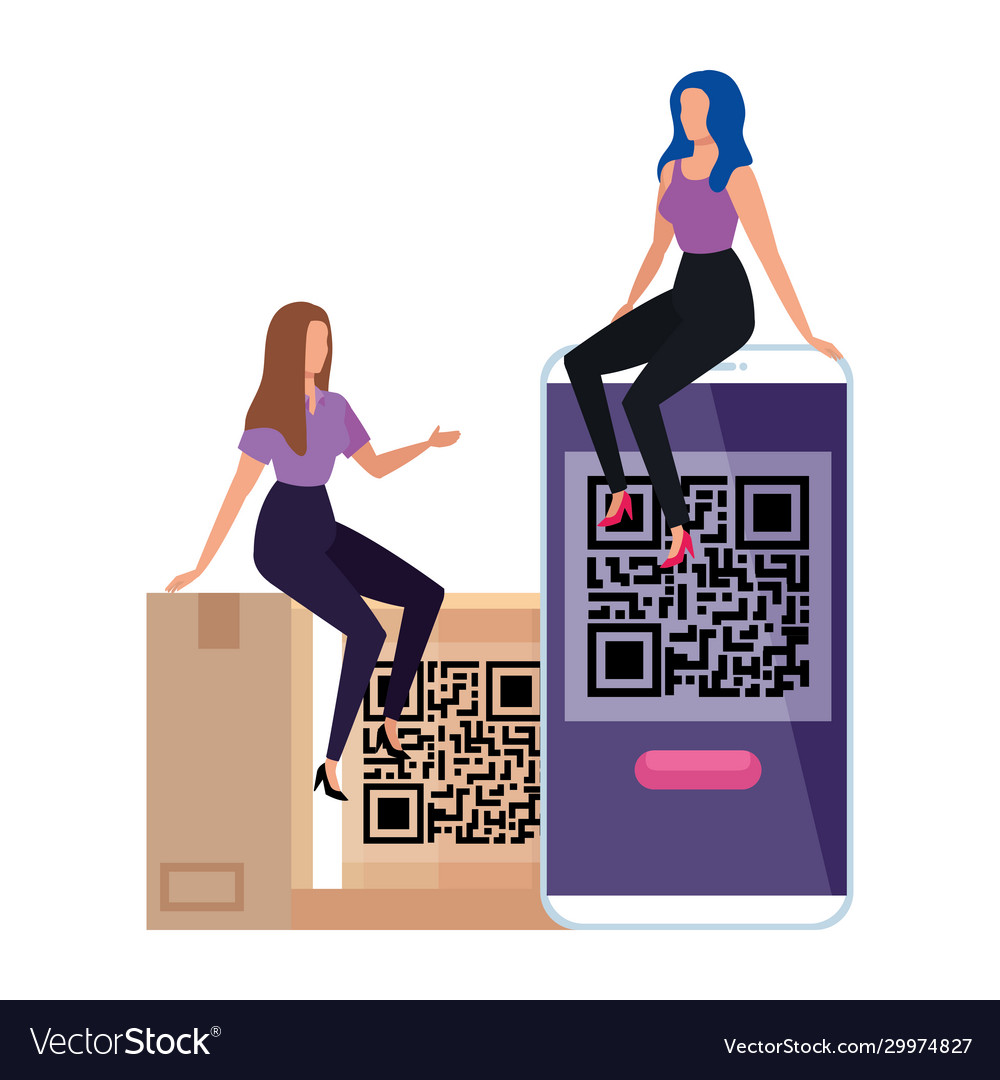 Code qr in Box und Smartphone mit Geschäftsfrauen