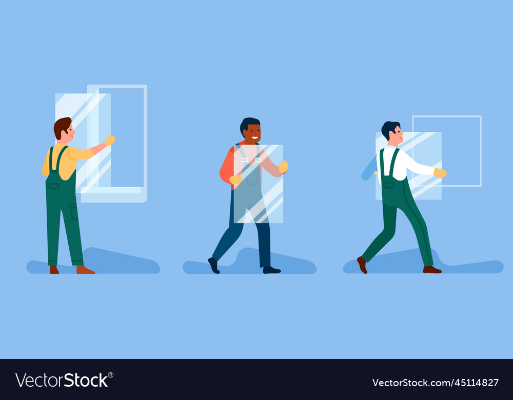 Glass industry workers install window Royalty Free Vector